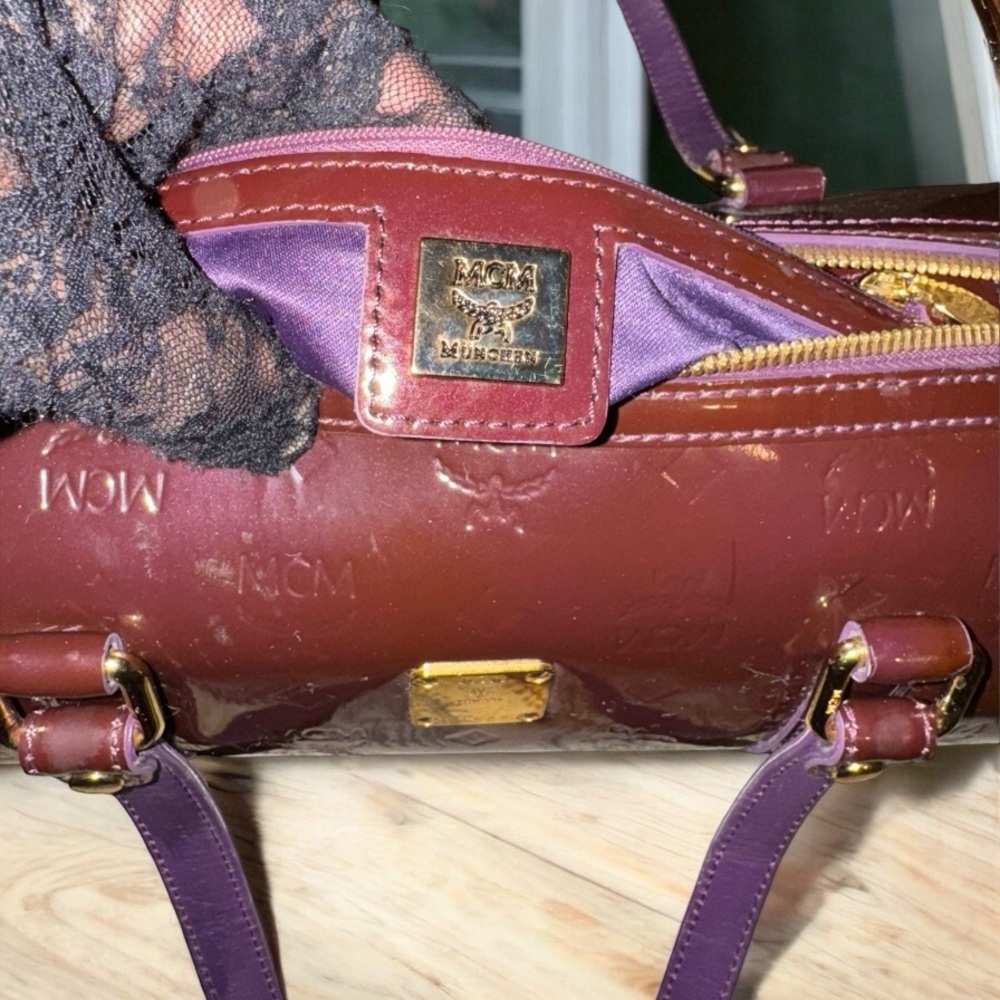MCM Patent Monogram Essential Barrel Bag Bordeaux EUC - Picture 11 of 14